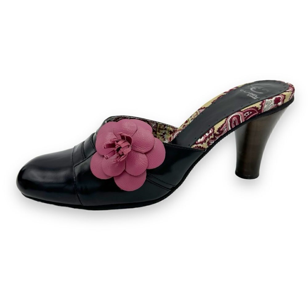 C Label Rosie Vintage Vibe Heeled Mules w/Pink Flower Accent Sz 7.5M Retro Sweet